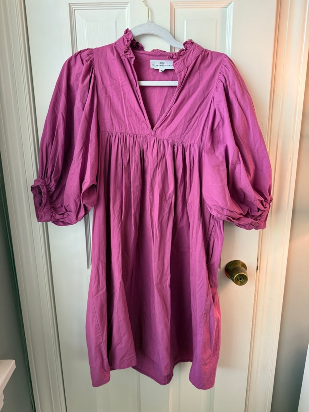 Never A Wallflower High Neck Dress Magenta Puff Sleeve V-Neck | Medium